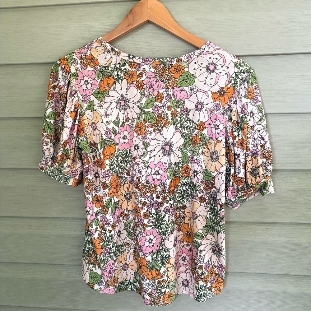 Kim & Cami Los Angeles Floral Print blouse pink green eyelet shirt Sz S top NWOT
